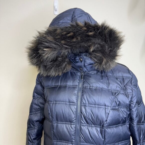 Cleo Navy Blue Long Feather Down Puffer Coat with Faux Fur Hood - Picture 3 of 15
